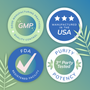 4 Quality Statement Seals. " Batch Tested for Purity & Potency," "Good Manufacturing Practices (GMP) Quality Control," "Manufactured in the USA," and "FDA Registered Facility" 