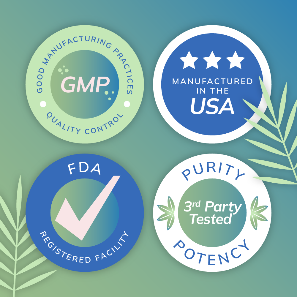 4 Quality Statement Seals. " Batch Tested for Purity & Potency," "Good Manufacturing Practices (GMP) Quality Control," "Manufactured in the USA," and "FDA Registered Facility" 