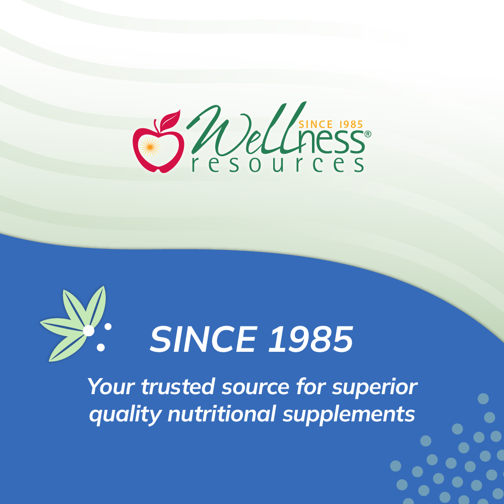Wellness Resources Logo with Red Apple on Right Side. White text on blue background reads "Wellness Resources Since 1985.Your trusted source for superior quality nutritional supplements." 