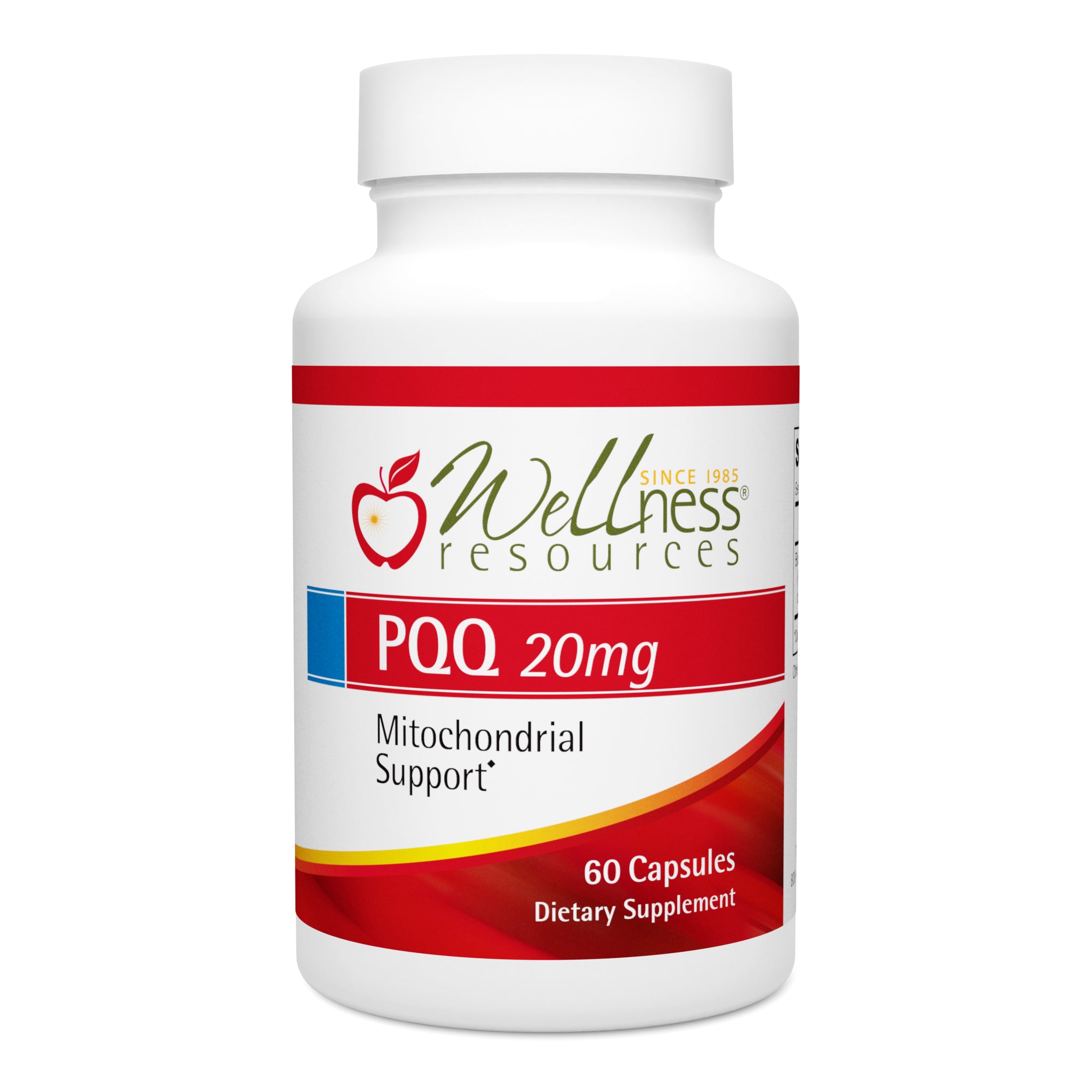 Wellness Resources PQQ Supplement Bottle. Mitochondrial Support. 60 Capsules Per Bottle. 
