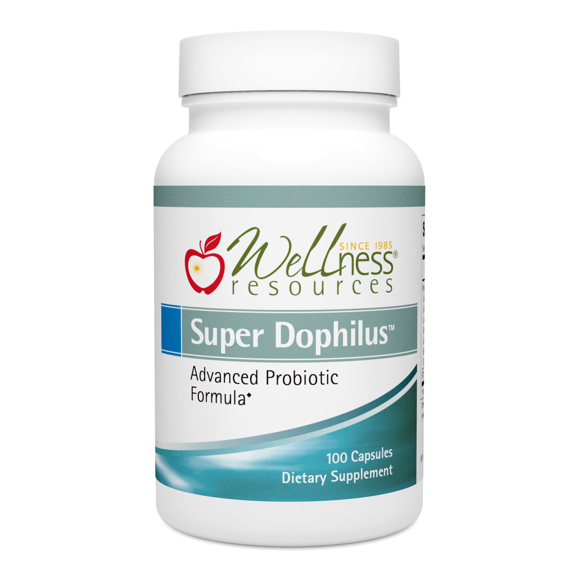Wellness Resources Super Dophilus Supplement Bottle. Friendly flora for healthy digestion. 100 Capsules Per Bottle. 