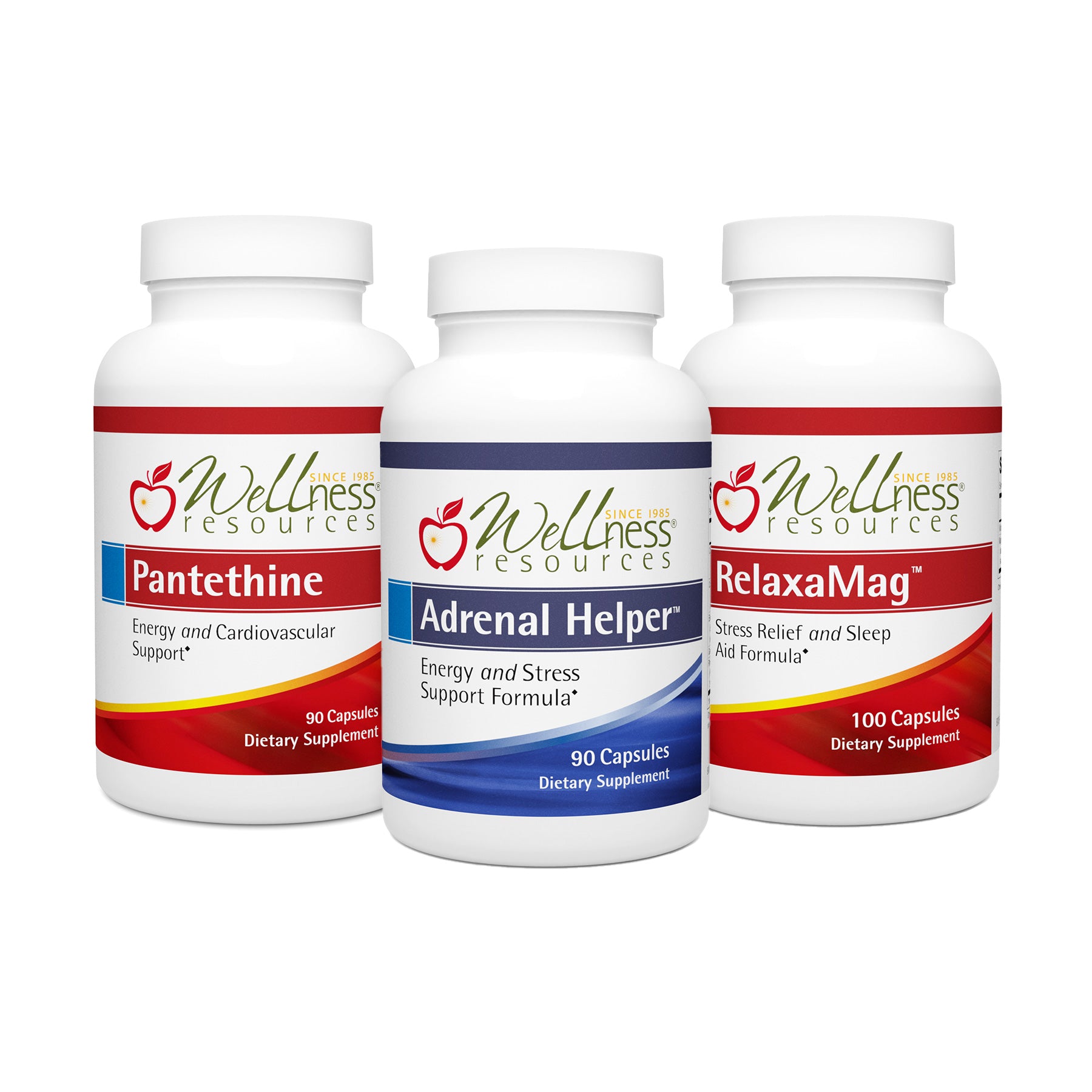 Picture of 3 Wellness Resources Supplement Bottles on White Background: Pantethine, Adrenal Helper and RelaxaMag.