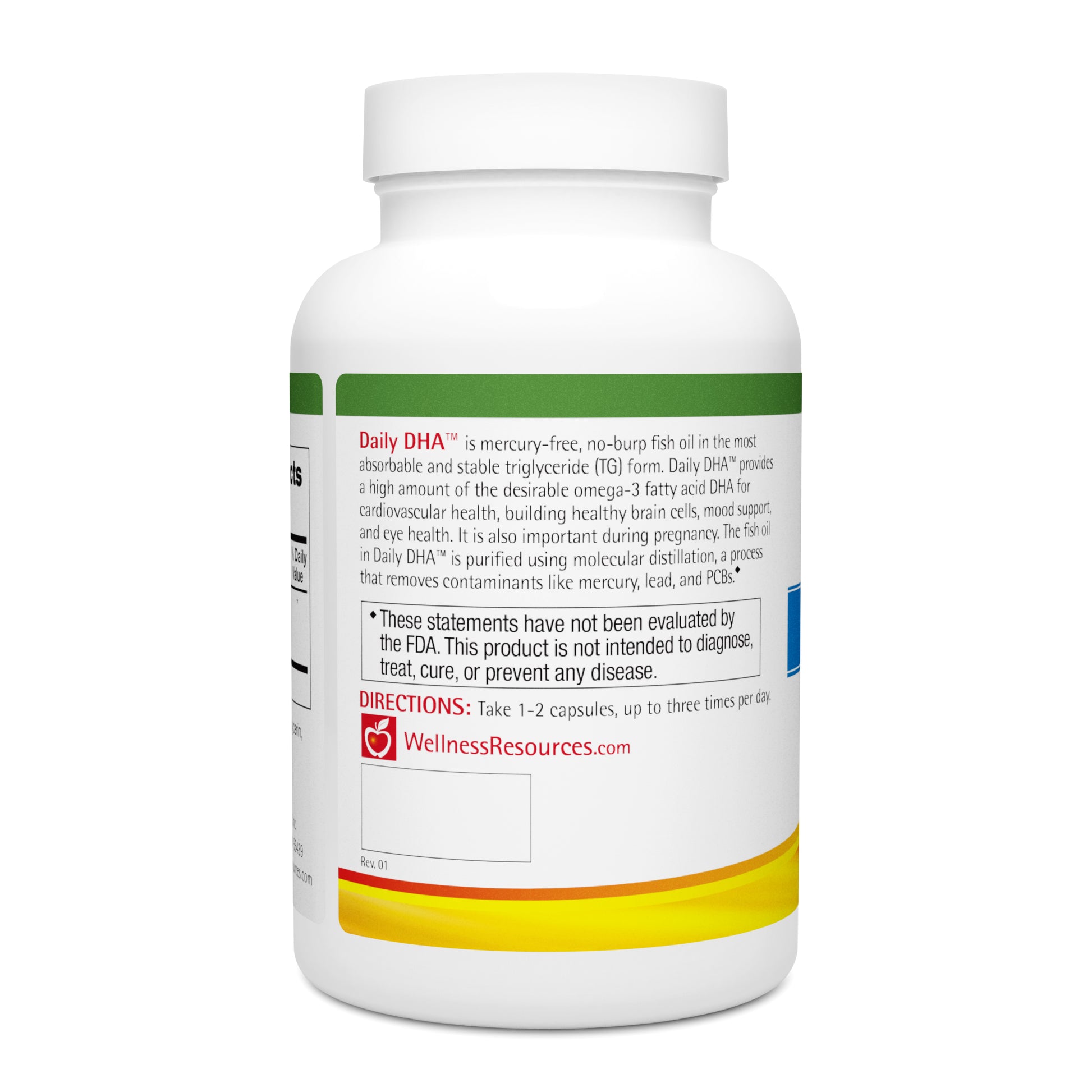Daily DHA is a mercury-free no burp fish oil for cardiovascular, brain, and mood health. Take 1-2 capsules, up to 3 times per day. 