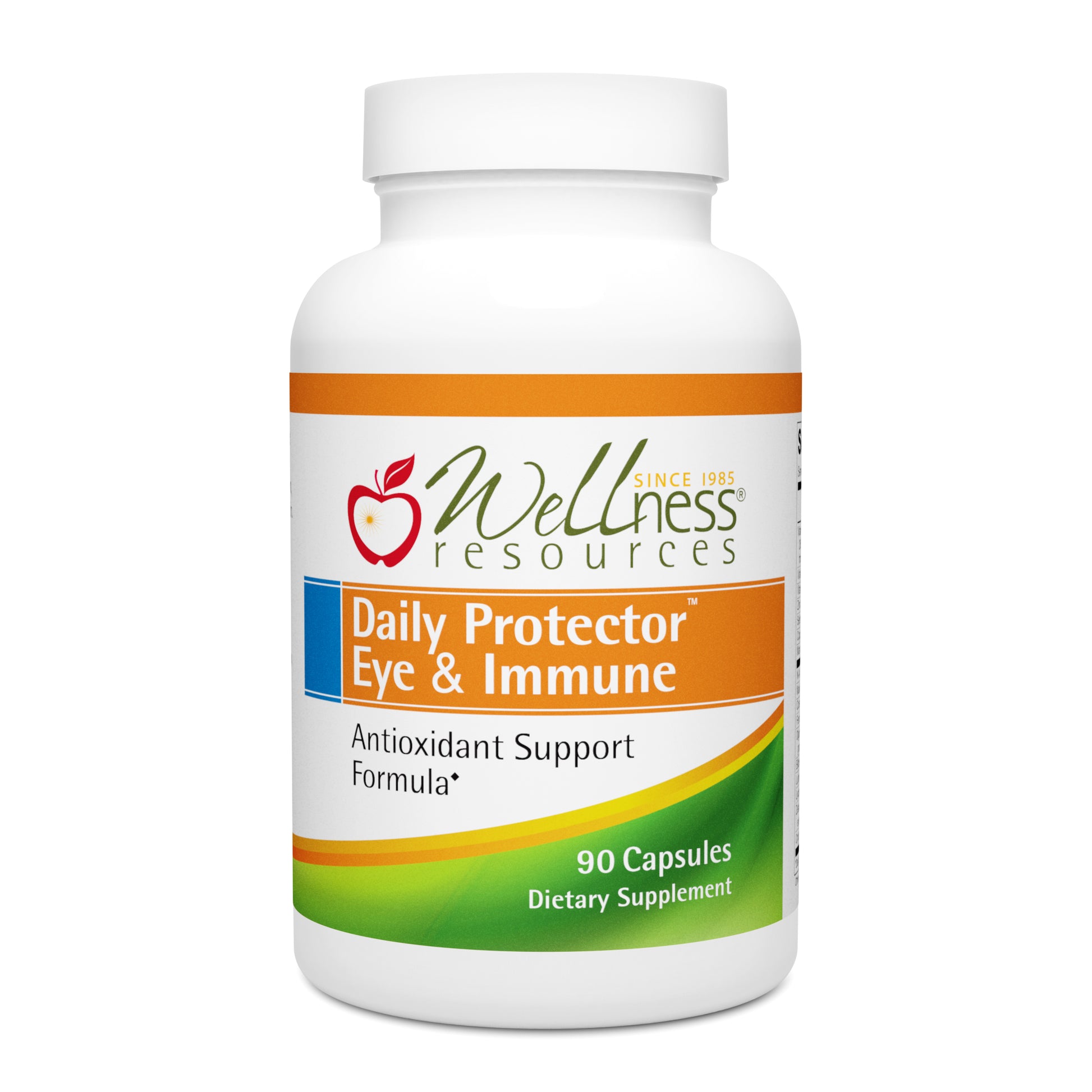 Wellness Resources Daily Protector Eye & Immune Supplement Bottle. Antioxidant Support Formula. 90 capsules per bottle. 