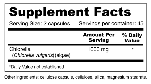 Chlorella Supplement Facts & Ingredients. Serving Size: 2 Capsules. Servings Per Container: 45