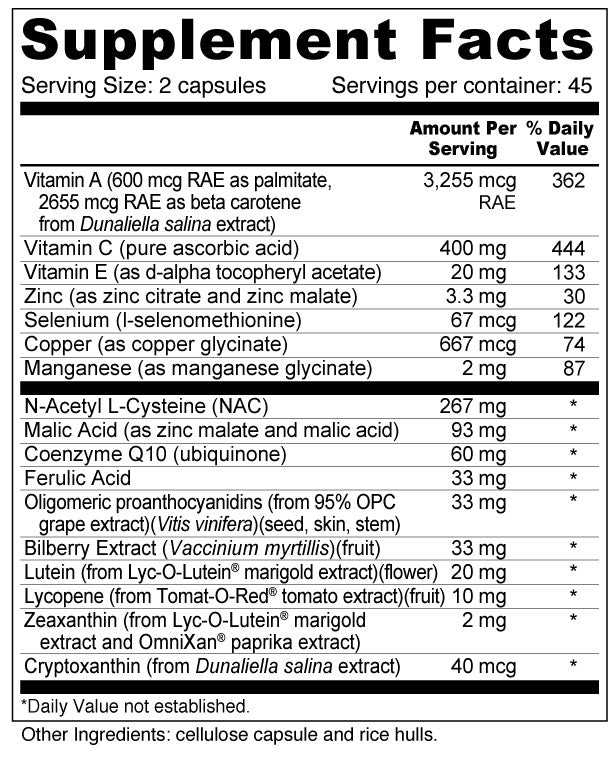 Daily Protector Eye & Immune 90 Caps Supplement Facts and Ingredients. Serving Size: 2 Capsules. Servings Per Container: 45 