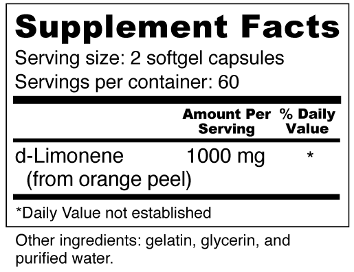 d-Limonene 500mg Supplement Facts & Ingredients. Serving Size: 2 Capsules. Servings Per Container: 60