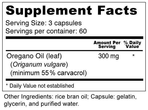 Oregano Oil Supplement Facts and Ingredients. Serving Size: 3 Capsules. Servings Per Container: 60 