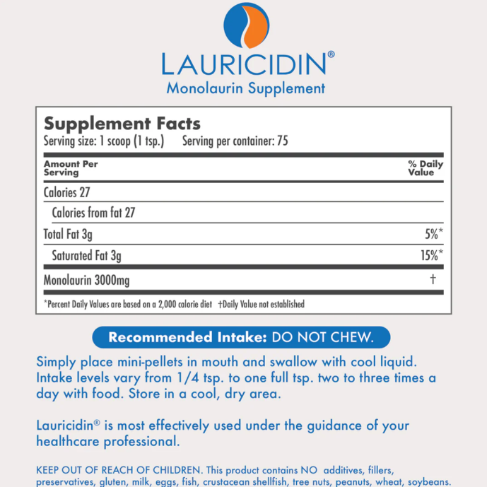 Lauricidin Monolaurin Supplement Facts & Ingredients Label. Serving Size: 1 Scoop. Servings Per Container: 75