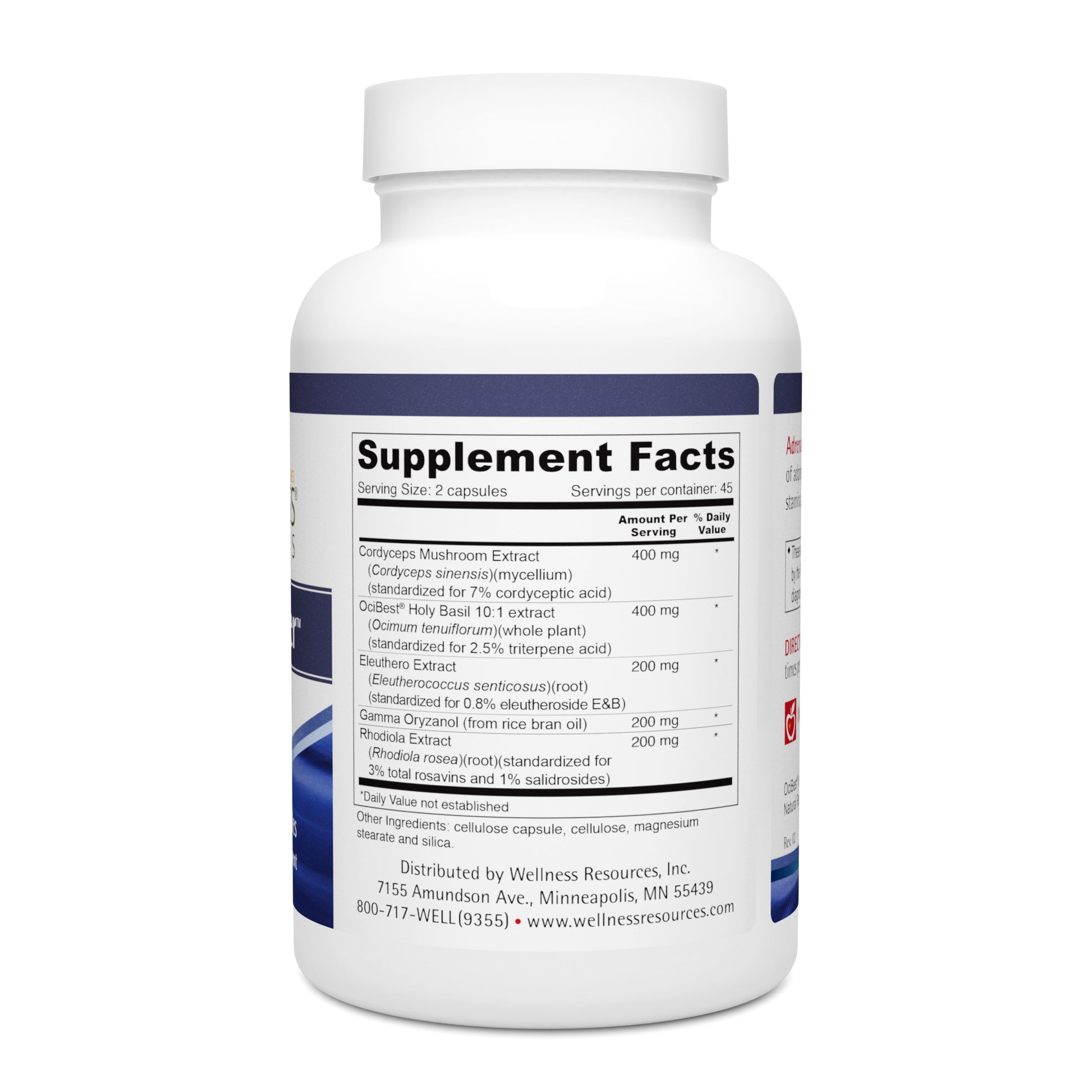 Adrenal Helper Supplement Bottle with Supplement Facts and Ingredients. Serving Size: 2 Capsules. Servings Per Container: 45  