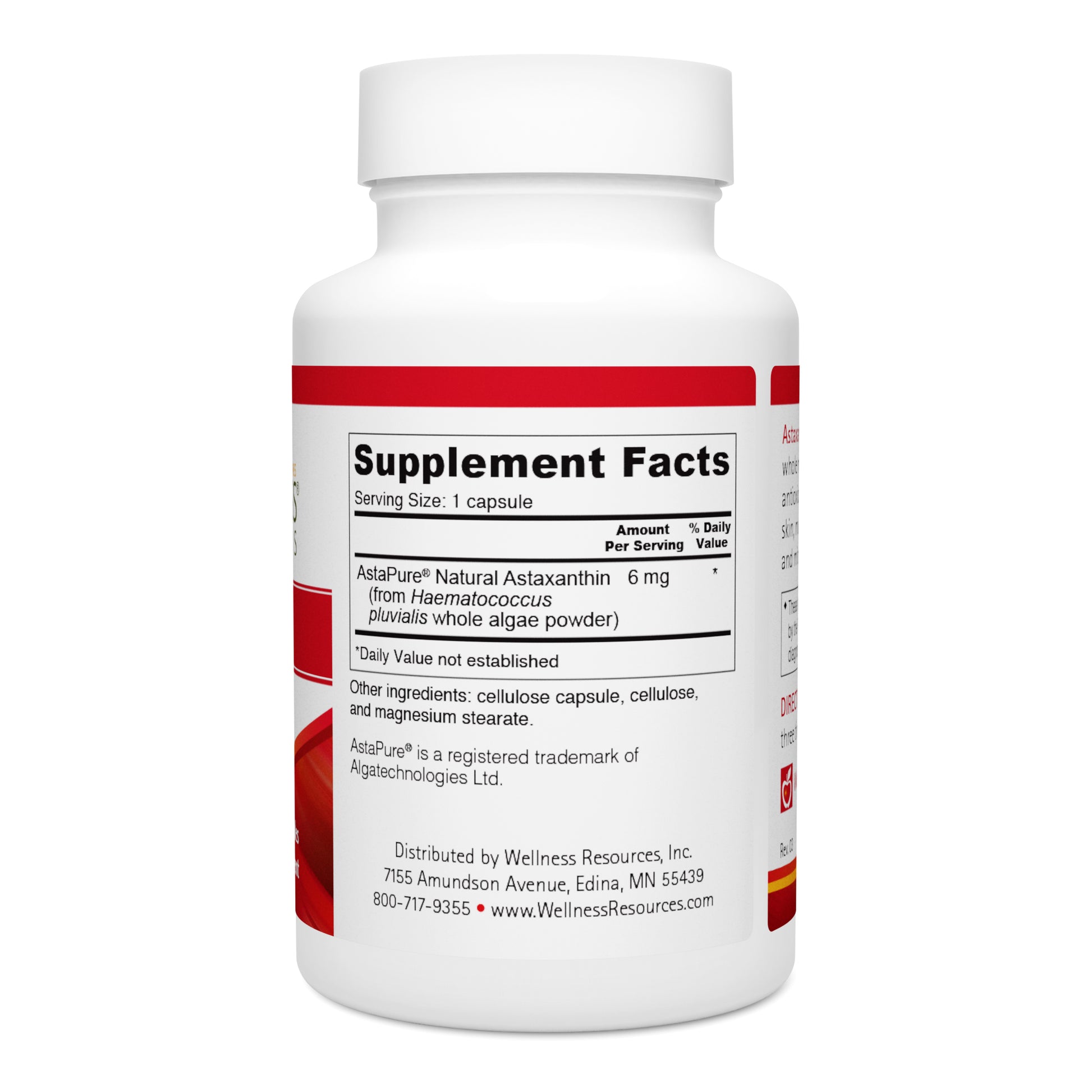Astaxanthin Supplement Bottle with Supplement Facts and Ingredients. Serving Size: 1 Capsule. Servings Per Container: 90 