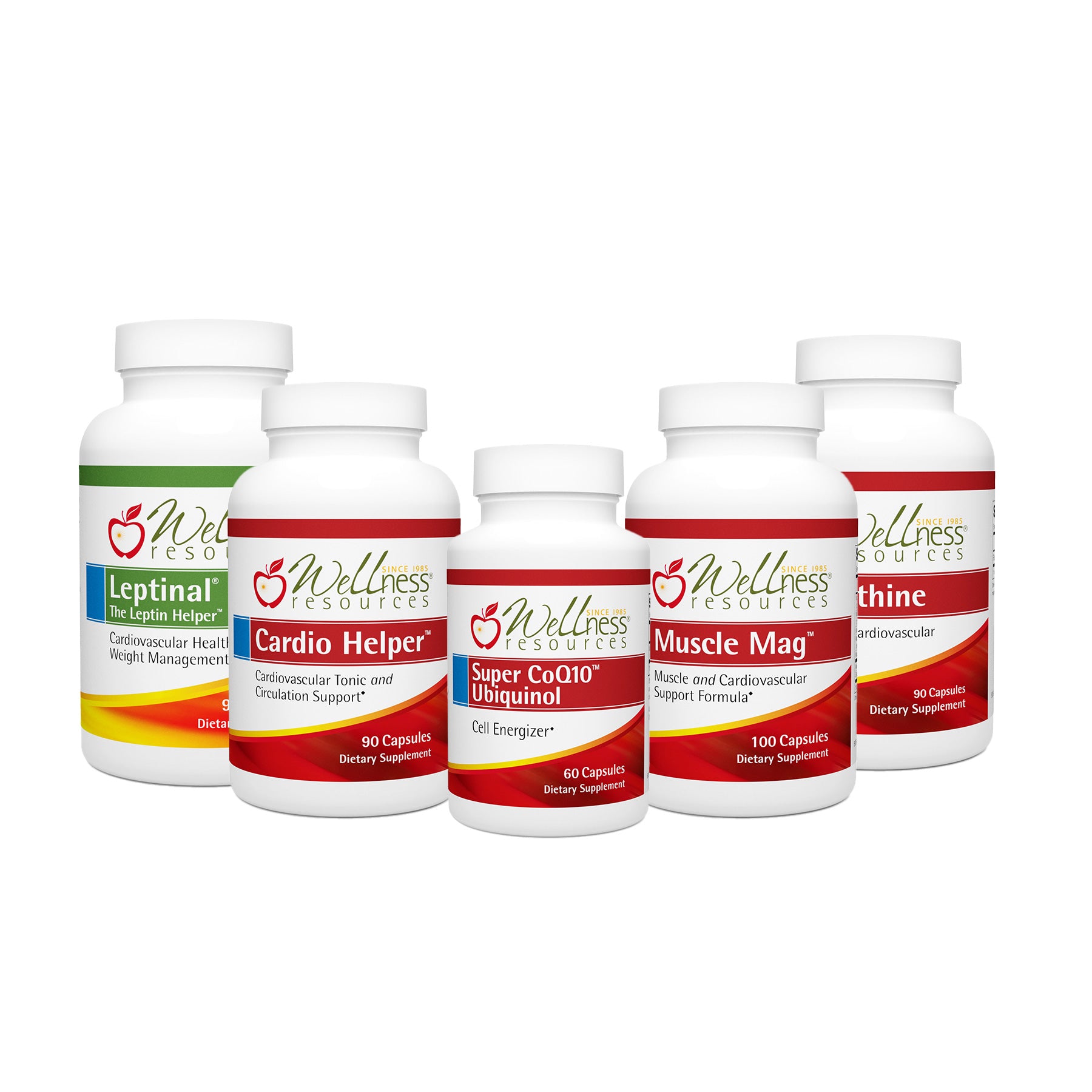 5 Wellness Resources Supplement Bottles on White Background: Leptinal, Cardio Helper, Super CoQ10 Ubiquinol, Muscle Mag, and Pantethine. 