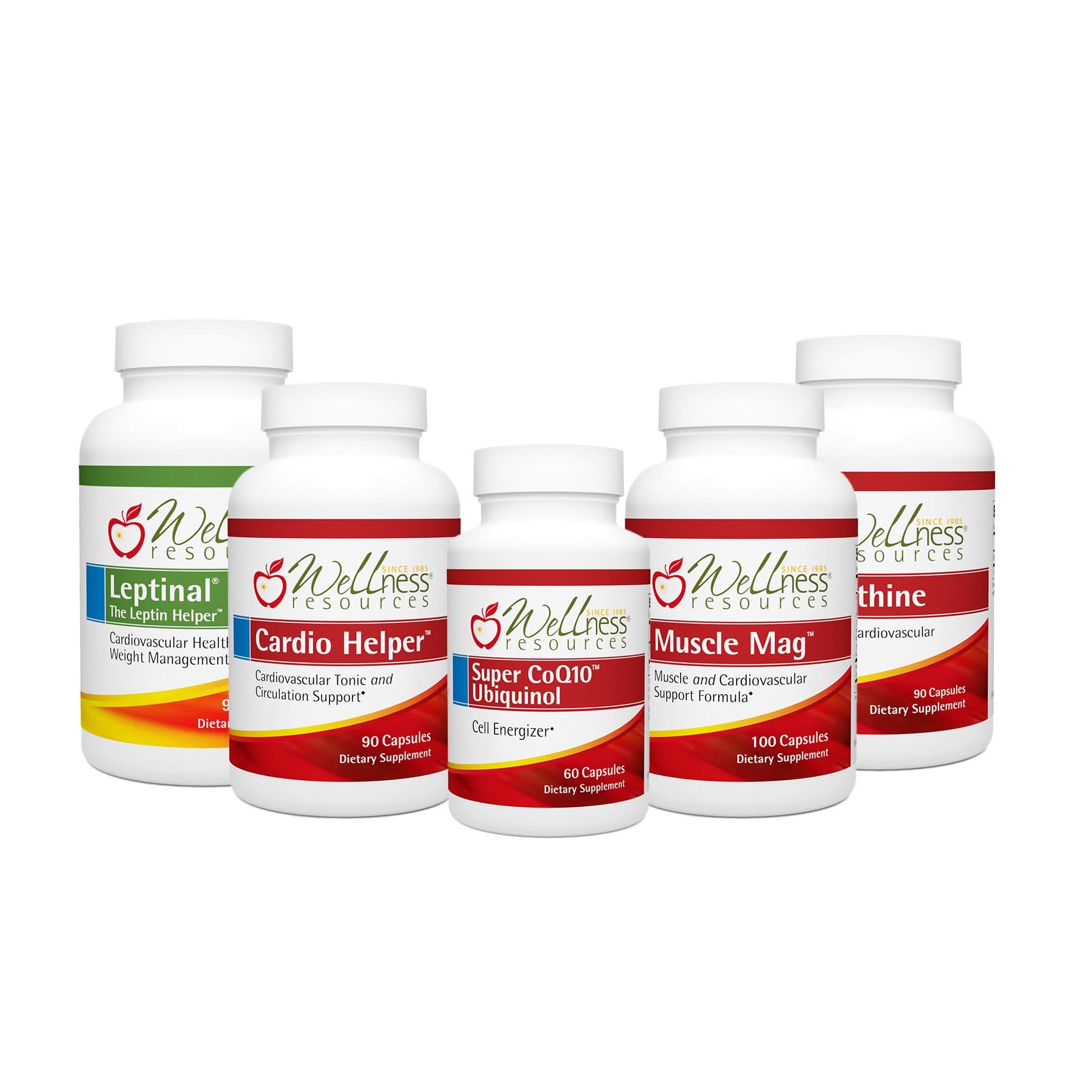 5 Wellness Resources Supplement Bottles on White Background: Leptinal, Cardio Helper, Super CoQ10 Ubiquinol, Muscle Mag, and Pantethine. 