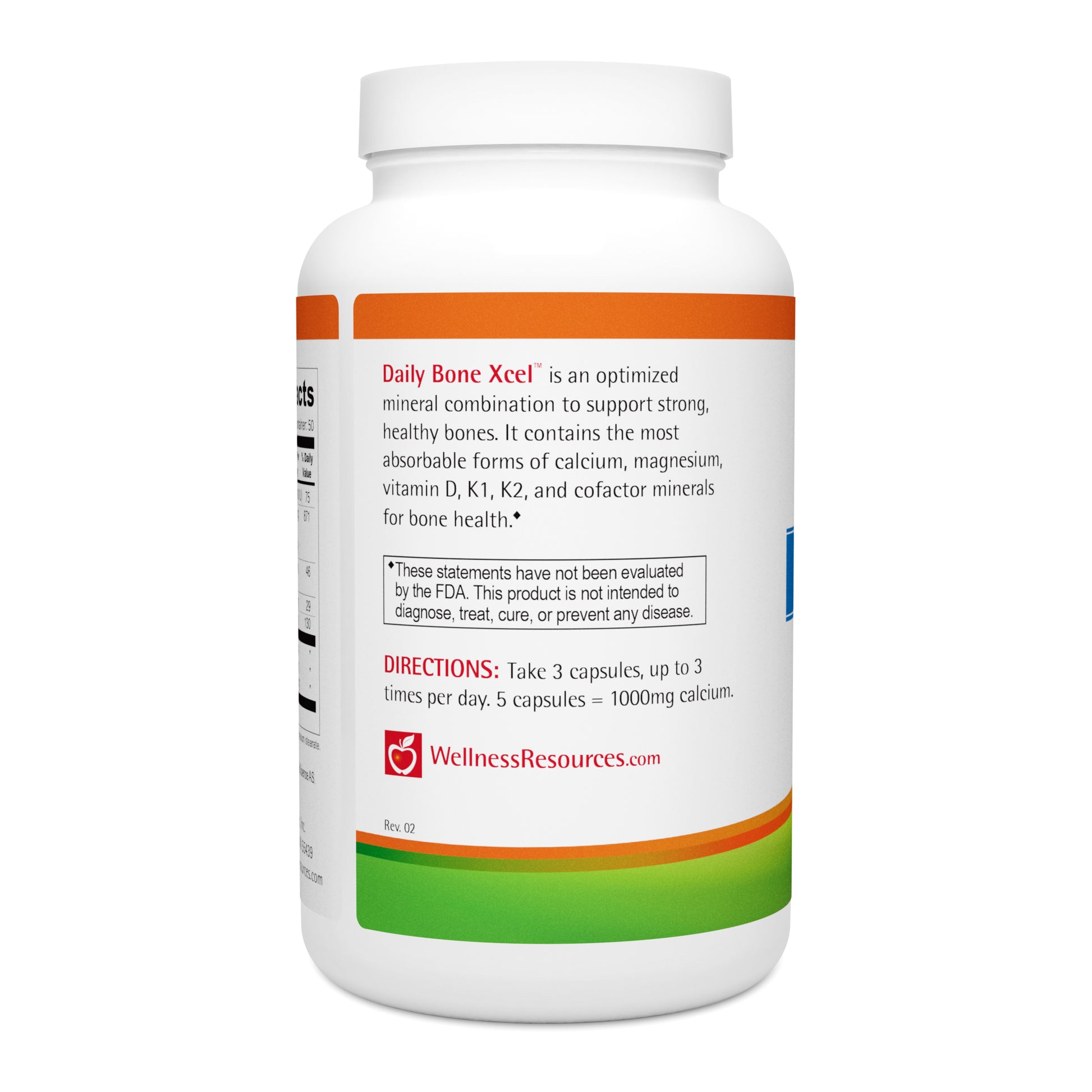 Daily Bone Xcel contains nutrients for bone health. Take 3 capsules, up to 3 times per day. 5 capsules = 1000mg Calcium. 