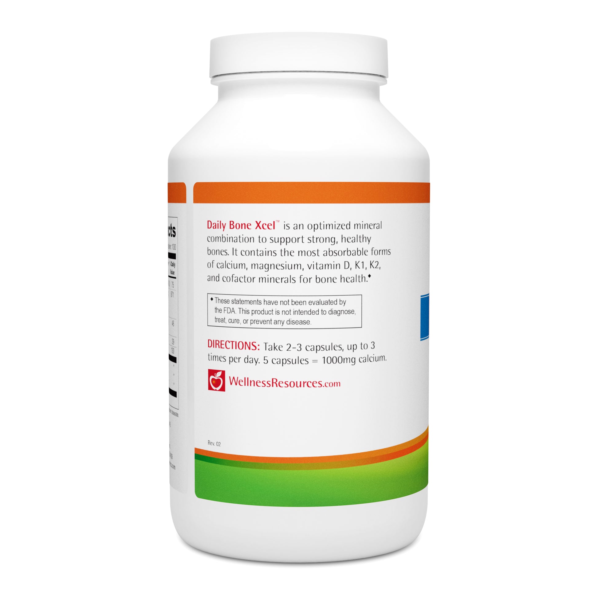 Daily Bone Xcel contains nutrients for bone health. Take 3 capsules, up to 3 times per day. 5 capsules = 1000mg Calcium. 