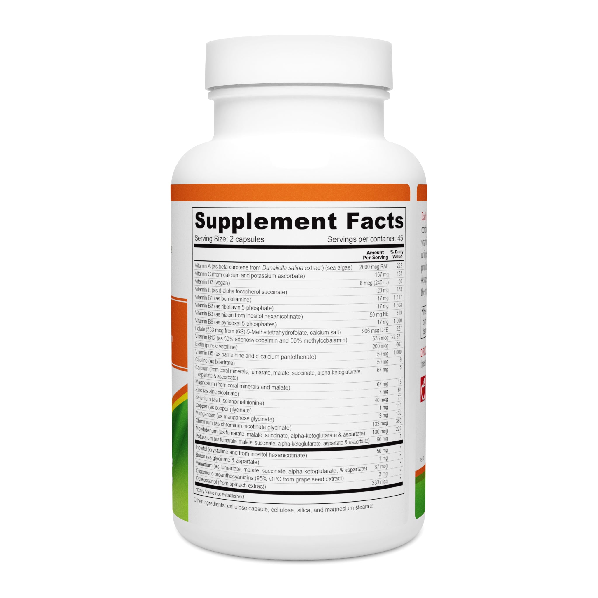 Daily Energy Multiple Vitamin Supplement Facts and Ingredients. Serving Size: 2 Capsules. Servings Per Container: 45