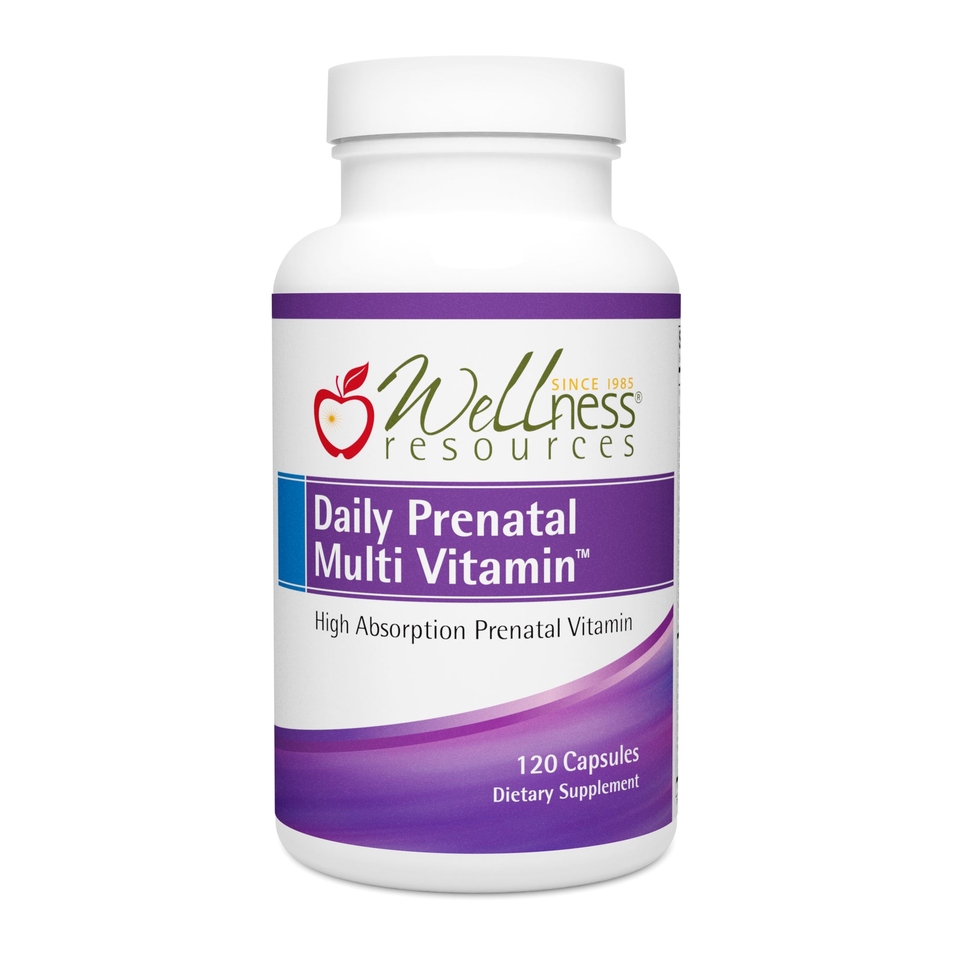 Wellness Resources Daily Prenatal Multi Vitamin Supplement Bottle. High Absorption Prenatal Vitamin. 120 Capsules Per Bottle. 