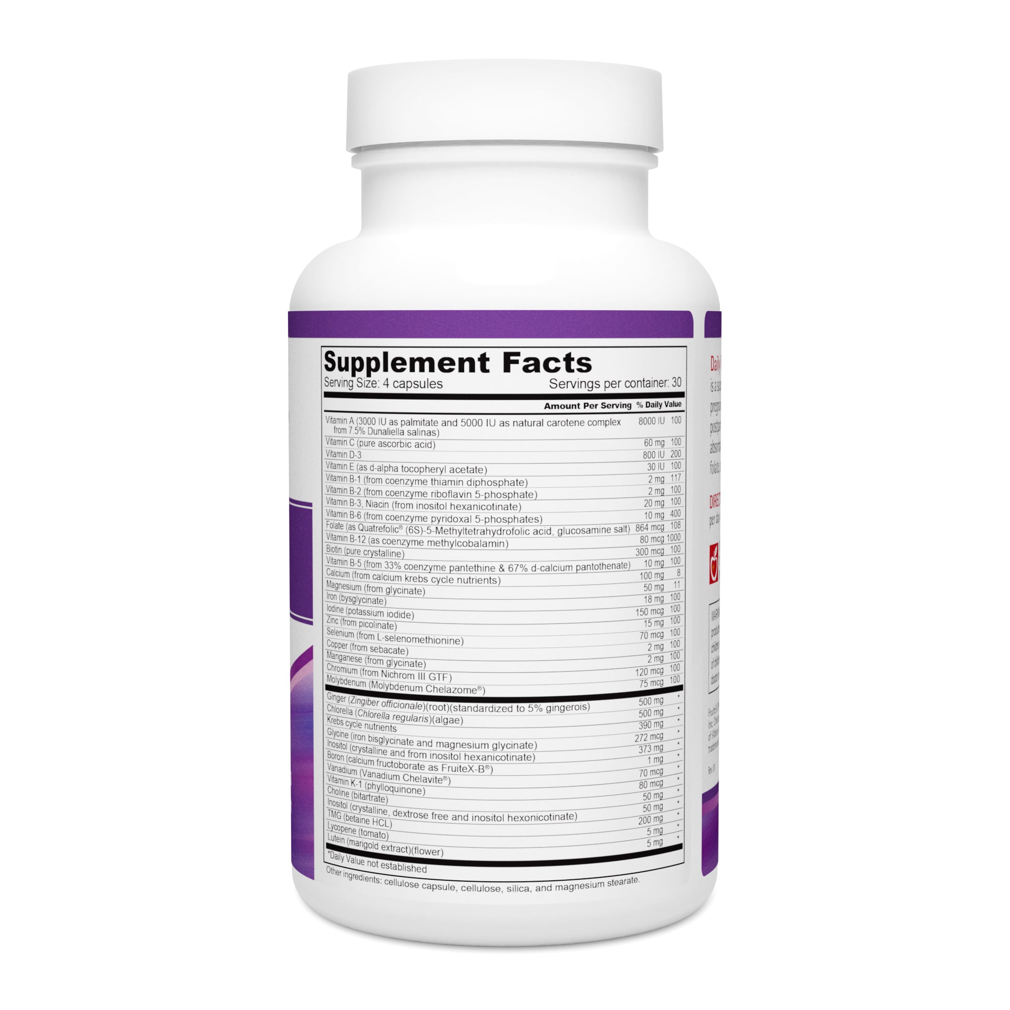 Daily Prenatal Multi Vitamin Supplement Facts and Ingredients. Serving Size: 4 Capsules. Servings Per Container: 30 
