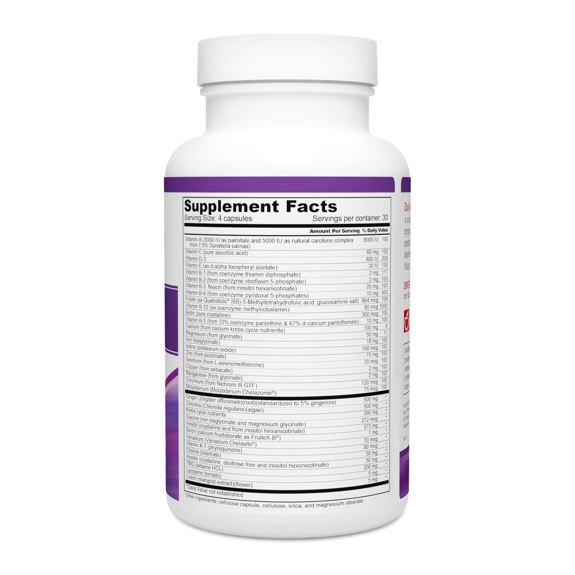 Daily Prenatal Multi Vitamin Supplement Facts and Ingredients. Serving Size: 4 Capsules. Servings Per Container: 30 