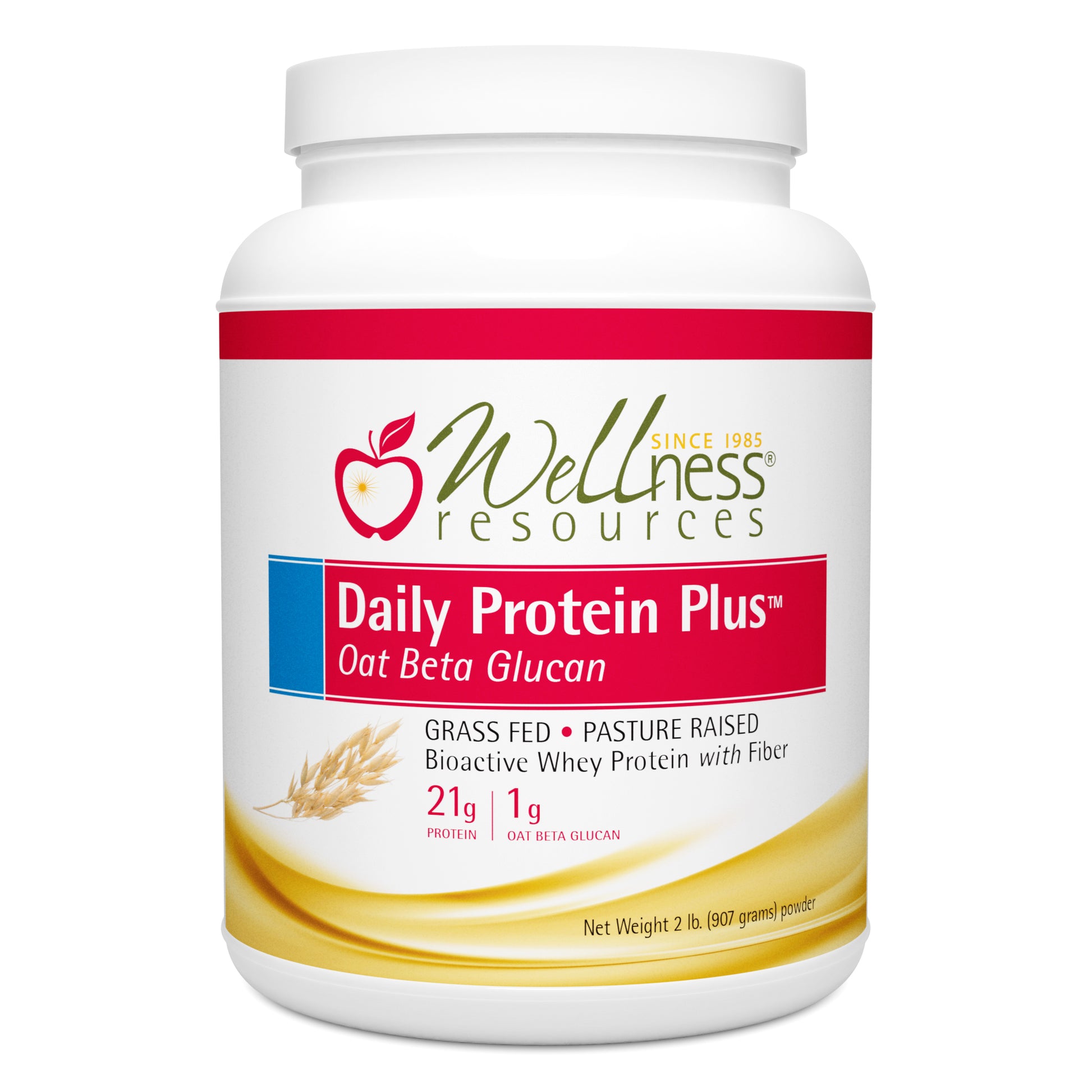 Wellness Resources Daily Protein Plus Oat Supplement Bottle. Grass Fed Pasture Raised Bioactive Whey Protein. 21g Protein 1g Oat Beta Glucan. 2 lbs (907 grams) powder