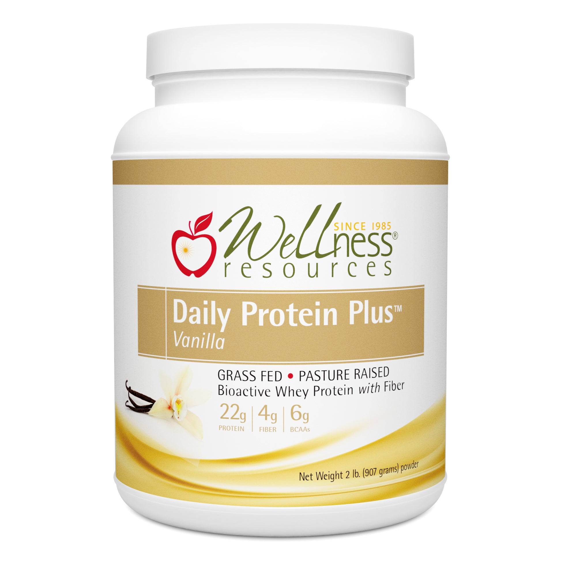 Wellness Resources Daily Protein Plus Vanilla Supplement Bottle. Grass Fed Pasture Raised Bioactive Whey Protein. 22g Protein 4g Fiber. 6g BCAAs. 2 lb (907 grams) powder