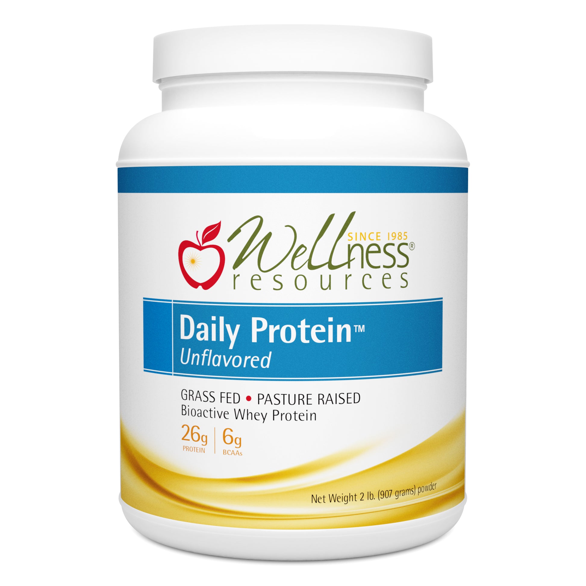 Wellness Resources Daily Protein Unflavored Supplement Bottle. Grass Fed Pasture-Raised Bioactive Whey Protein. 26g Protein and 6g BCAAs. 2 lbs (907 grams) powder