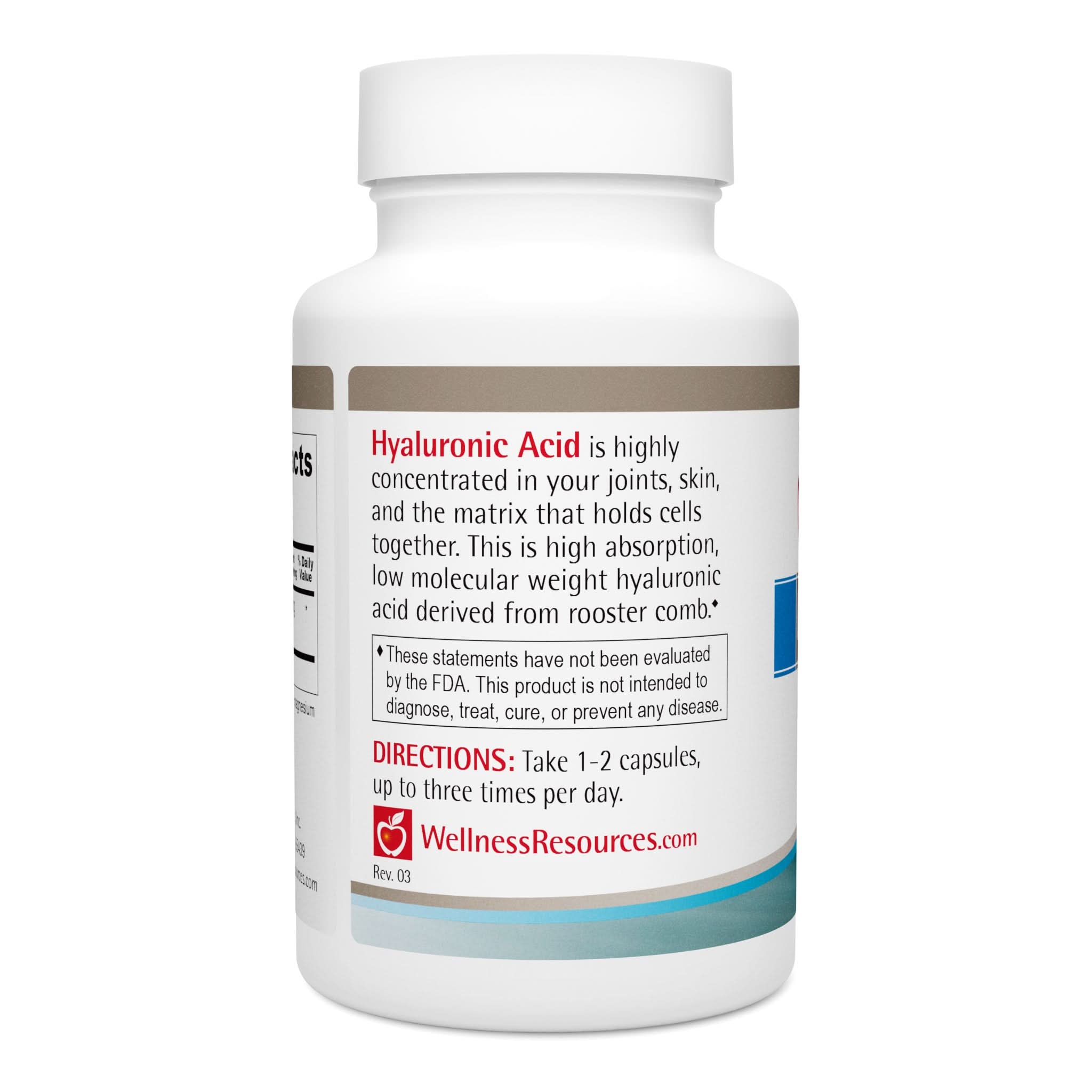 Hyaluronic Acid provides HA for healthy cartilage, joints, and skin. Take 1-2 capsules, up to 3 times per day. 