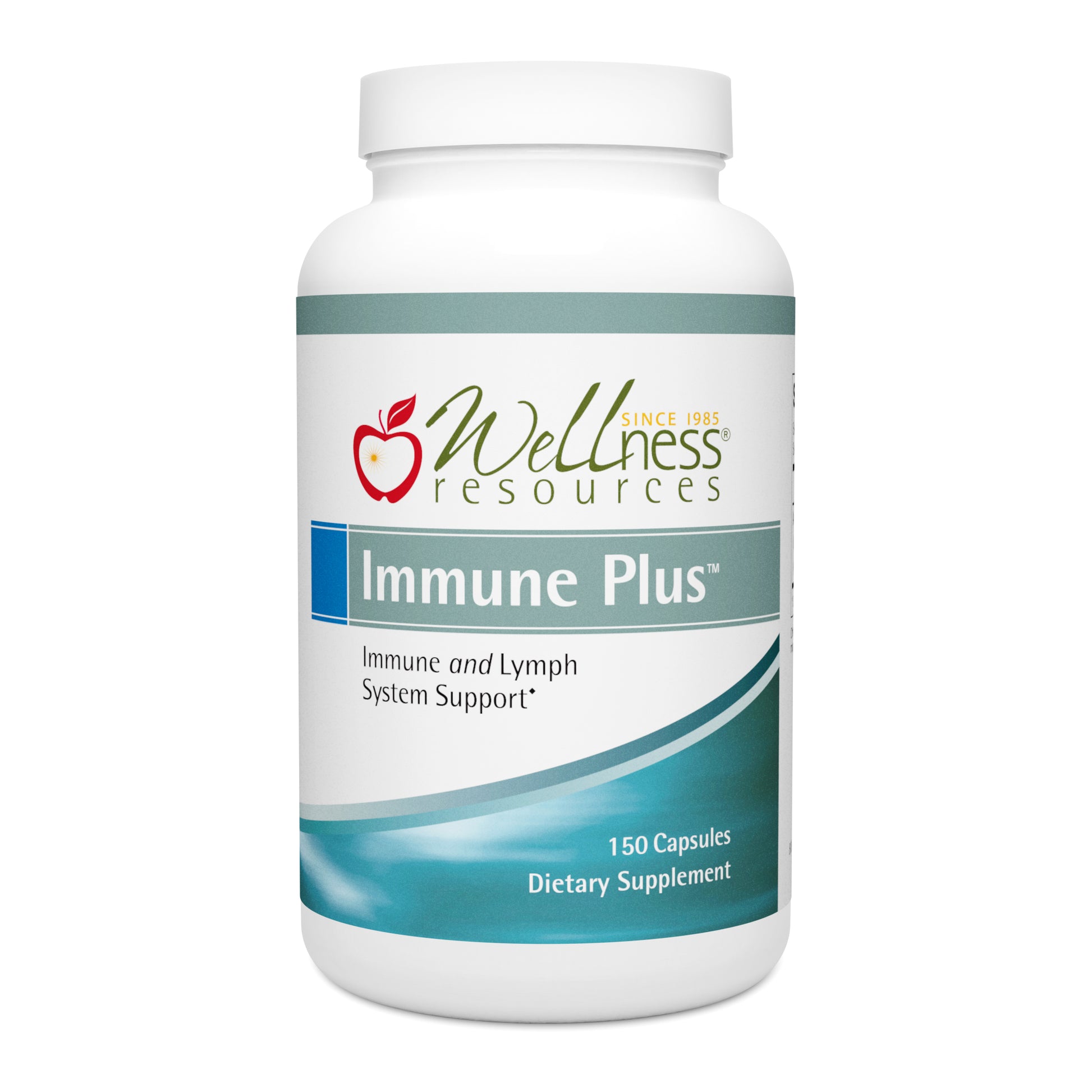 Wellness Resources Immune Plus Supplement Bottle. Immune And Lymph System Support. 150 Capsules per Bottle.