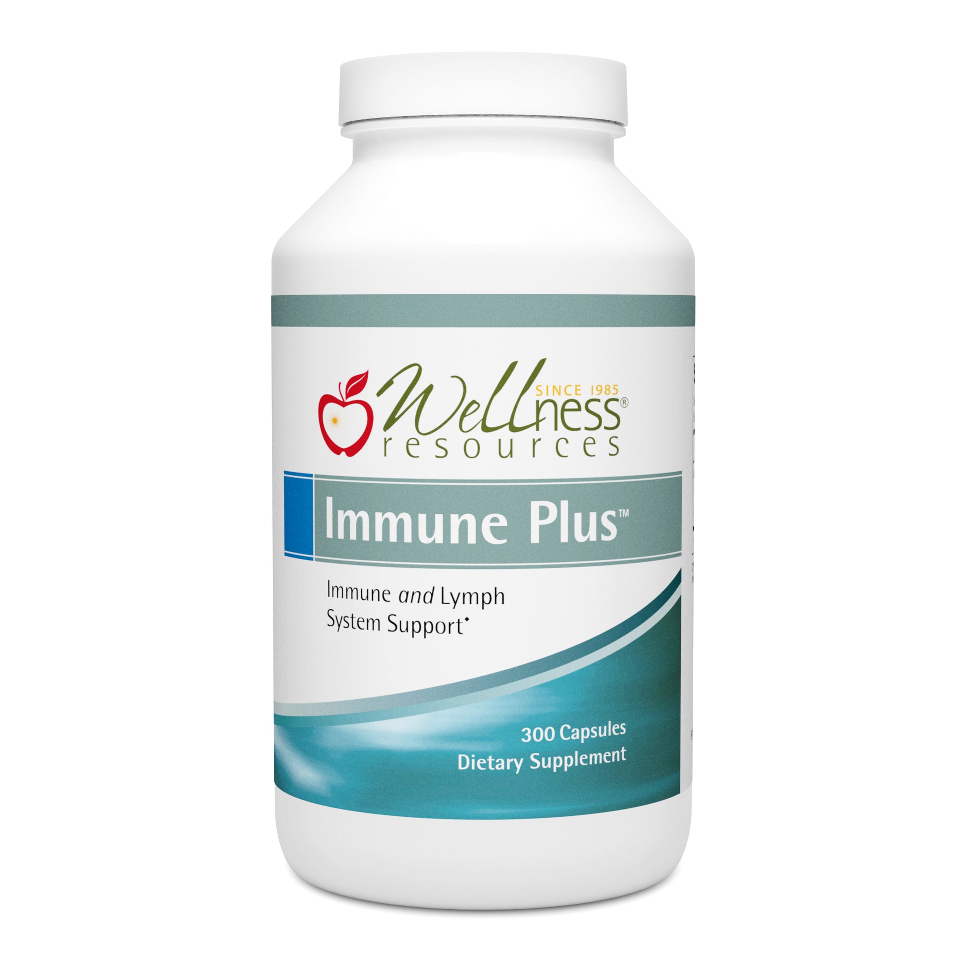 Wellness Resources Immune Plus Supplement Bottle. Immune and Lymph System Support. 300 Capsules Per Bottle. 