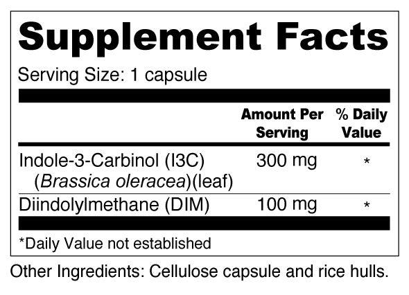 I3C + DIM Supplement Facts & Ingredients. Serving Size: 1 capsule. Servings Per Capsule: 60. 