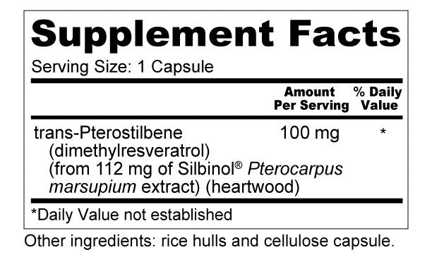 Pterostilbene 100mg Supplement Facts and Ingredients. Serving Size: 1 Capsule. Servings Per Container: 60