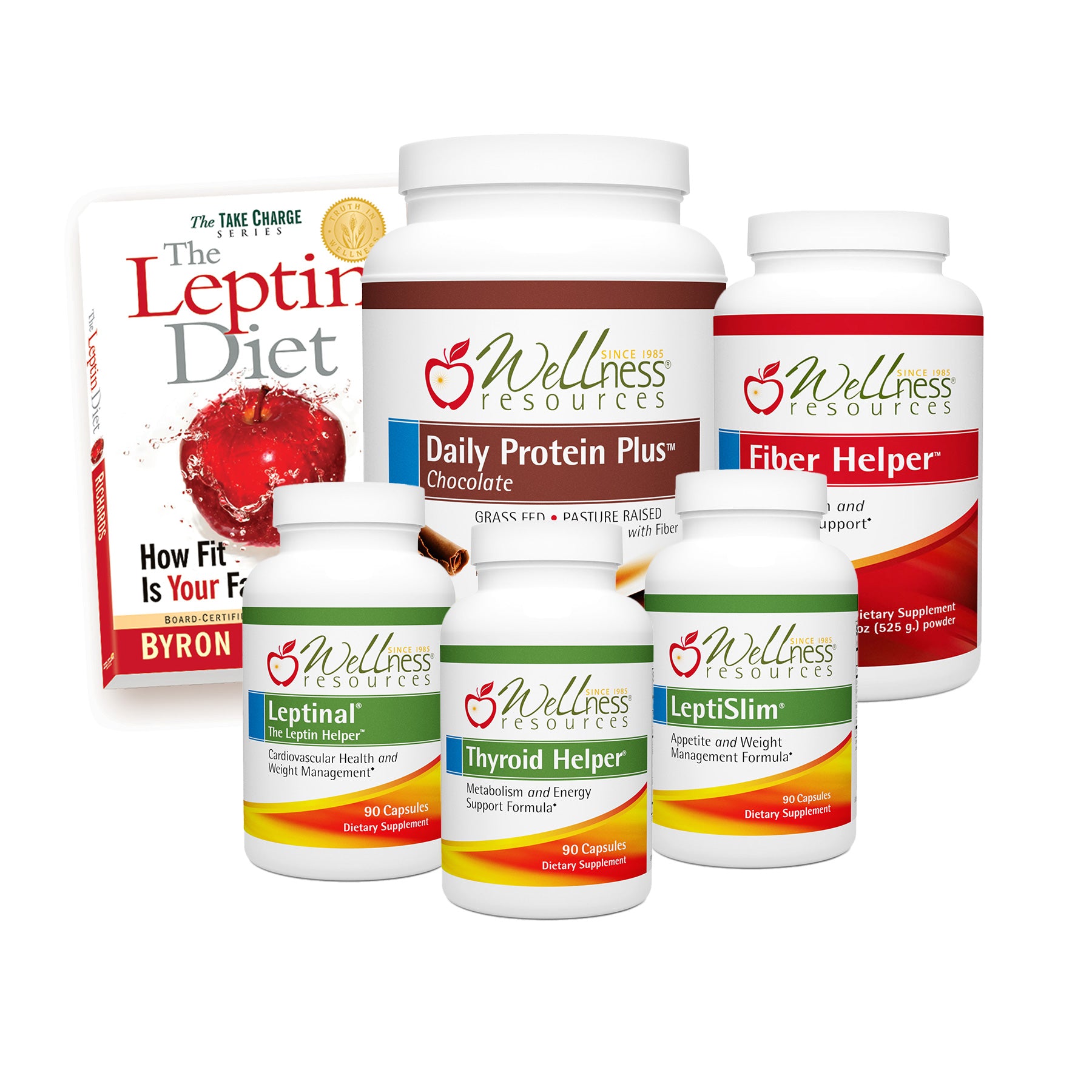 5 Wellness Resources Supplements with "the Leptin Diet" Book by Byron J. Richards on White Background. Supplements Include: Daily Protein Plus Chocolate, Fiber Helper, Leptinal, Thyroid Helper, and LeptiSlim

