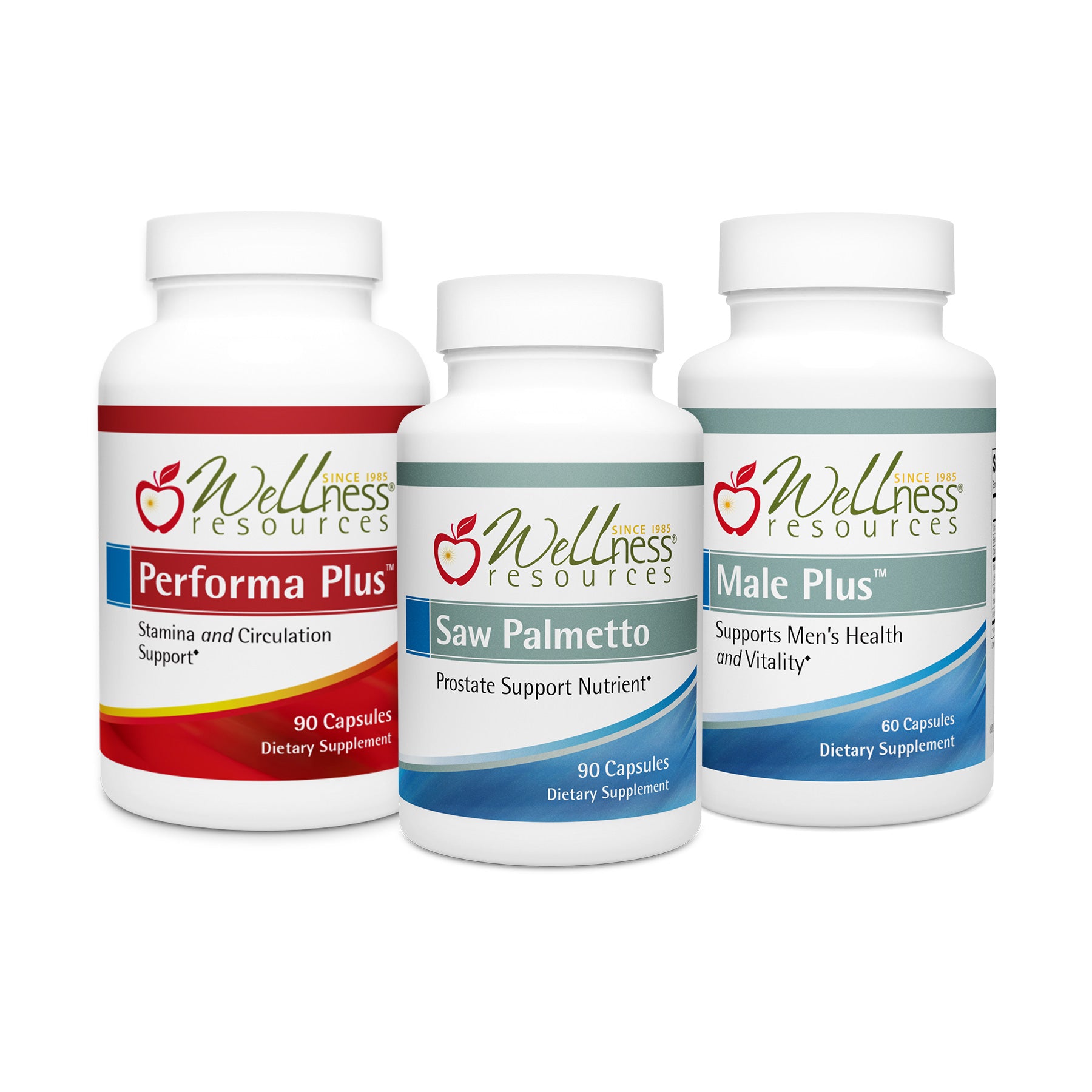 3 Wellness Supplement Bottles on White Background: Performa Plus, Saw Palmetto, Male Plus 