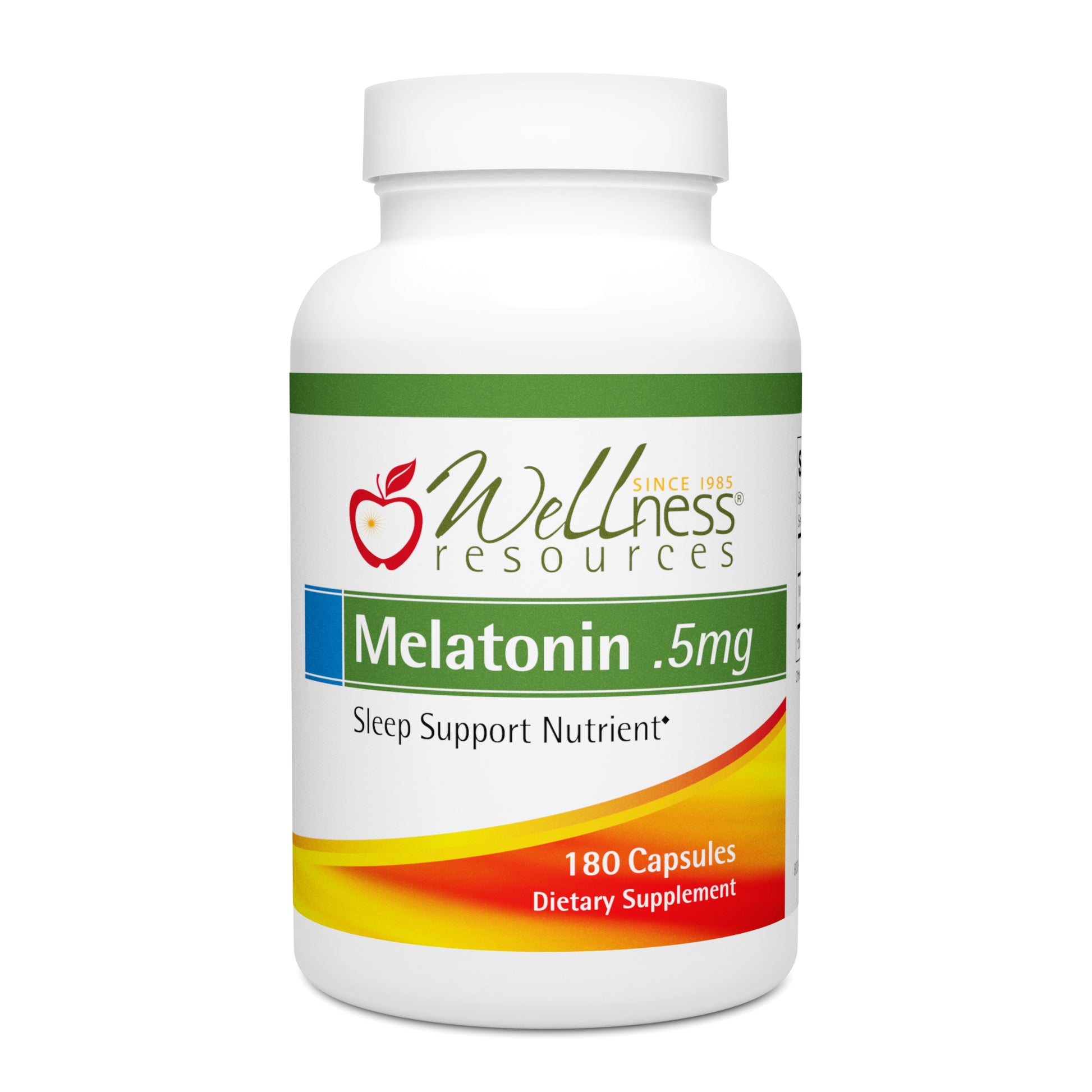 Wellness ResourcesMelatonin 0.5mg Supplement Bottle. Sleep Support Nutrient. 180 Capsules Per Bottle. 