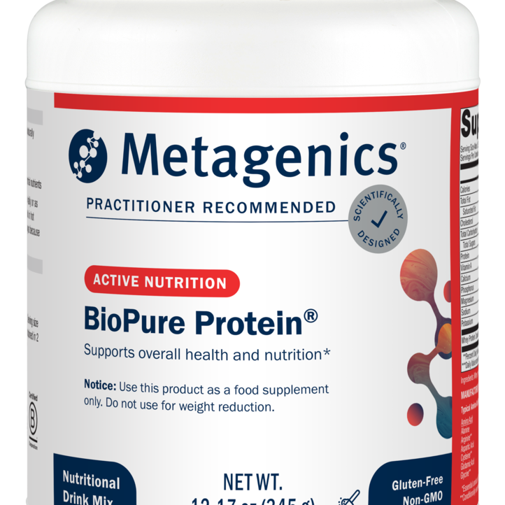 Metagenics BioPure Protein Supplement Bottle. Supports Overall Health & Nutrition. 12.17 ounces. Gluten Free Non-GMO Nutritional Drink Mix. This product is a food supplement. Do not use for weight reduction. 