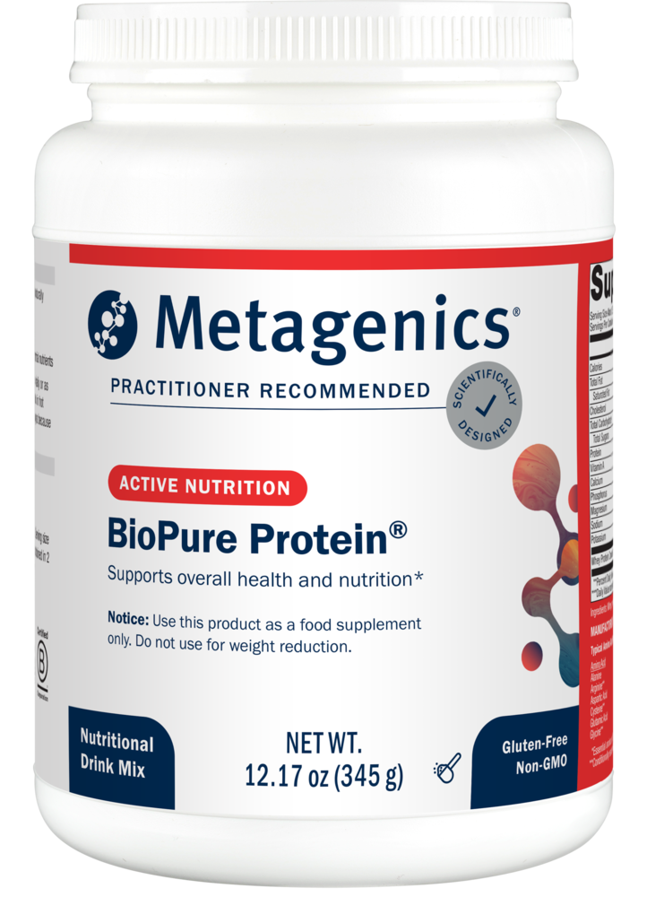 Metagenics BioPure Protein Supplement Bottle. Supports Overall Health & Nutrition. 12.17 ounces. Gluten Free Non-GMO Nutritional Drink Mix. This product is a food supplement. Do not use for weight reduction. 