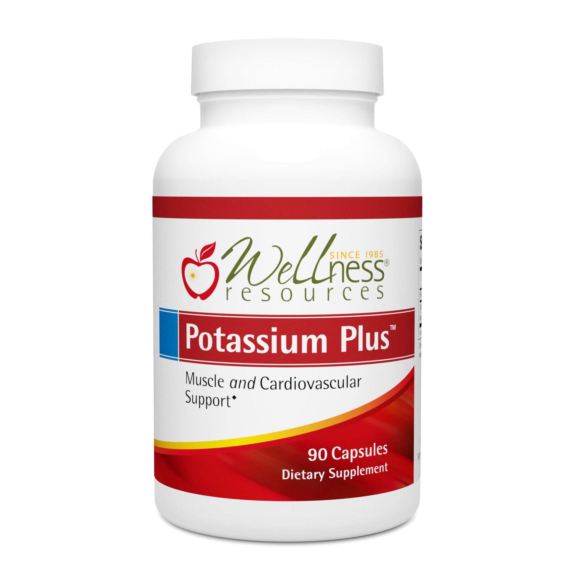 Wellness Resources Potassium Plus Supplement Bottle. Muscle & Cardiovascular Support. 90 Capsules Per Bottle. 