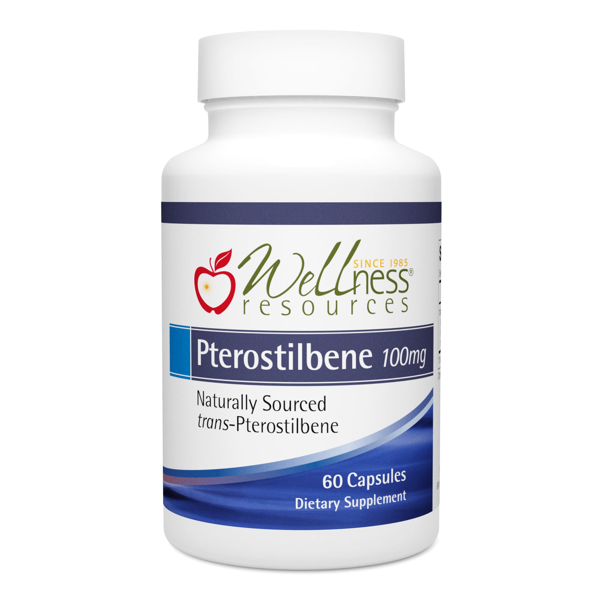 Wellness Resources Pterostilbene 100mg Supplement Bottle. Naturally-Sourced Trans-Pterostilbene. 60 Capsules Per Bottle. 