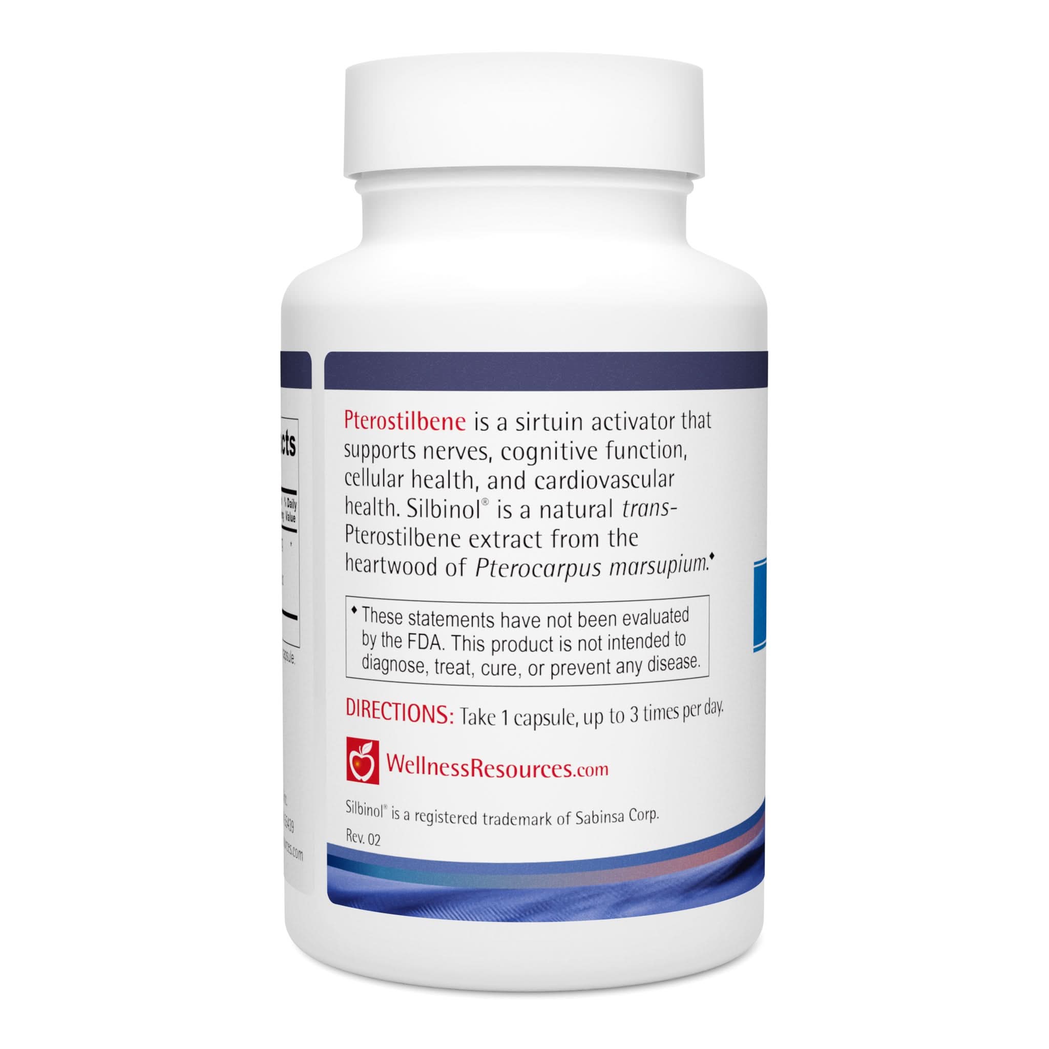 Pterostilbene is a sirtuin-activator supporting nerves, cognition, cellulalar health, and the heart. Take 1 capsule, up to 3 times per day. 