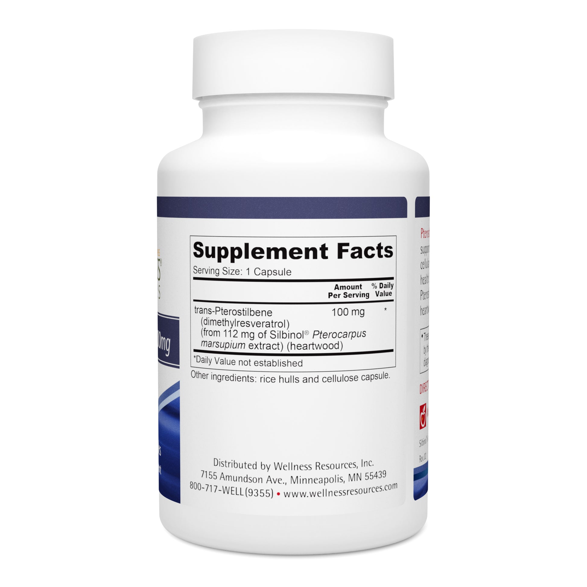 Pterostilbene 100mg Supplement Facts and Ingredients. Serving Size: 1 Capsule. Servings Per Container: 60