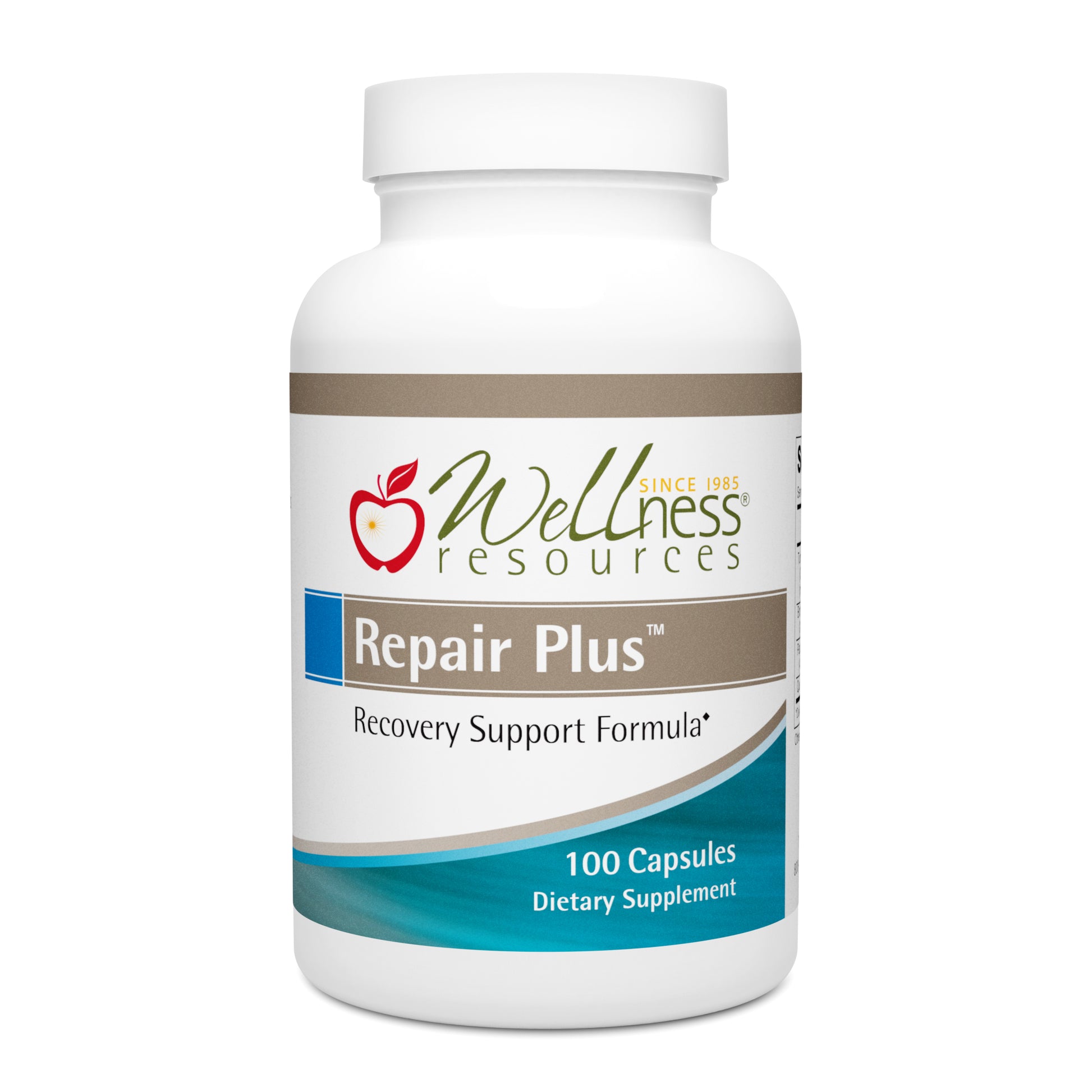 Wellness Resources Repair Plus Supplement Bottle. Recovery Support Formula. 100 Capsules Per Bottle. 