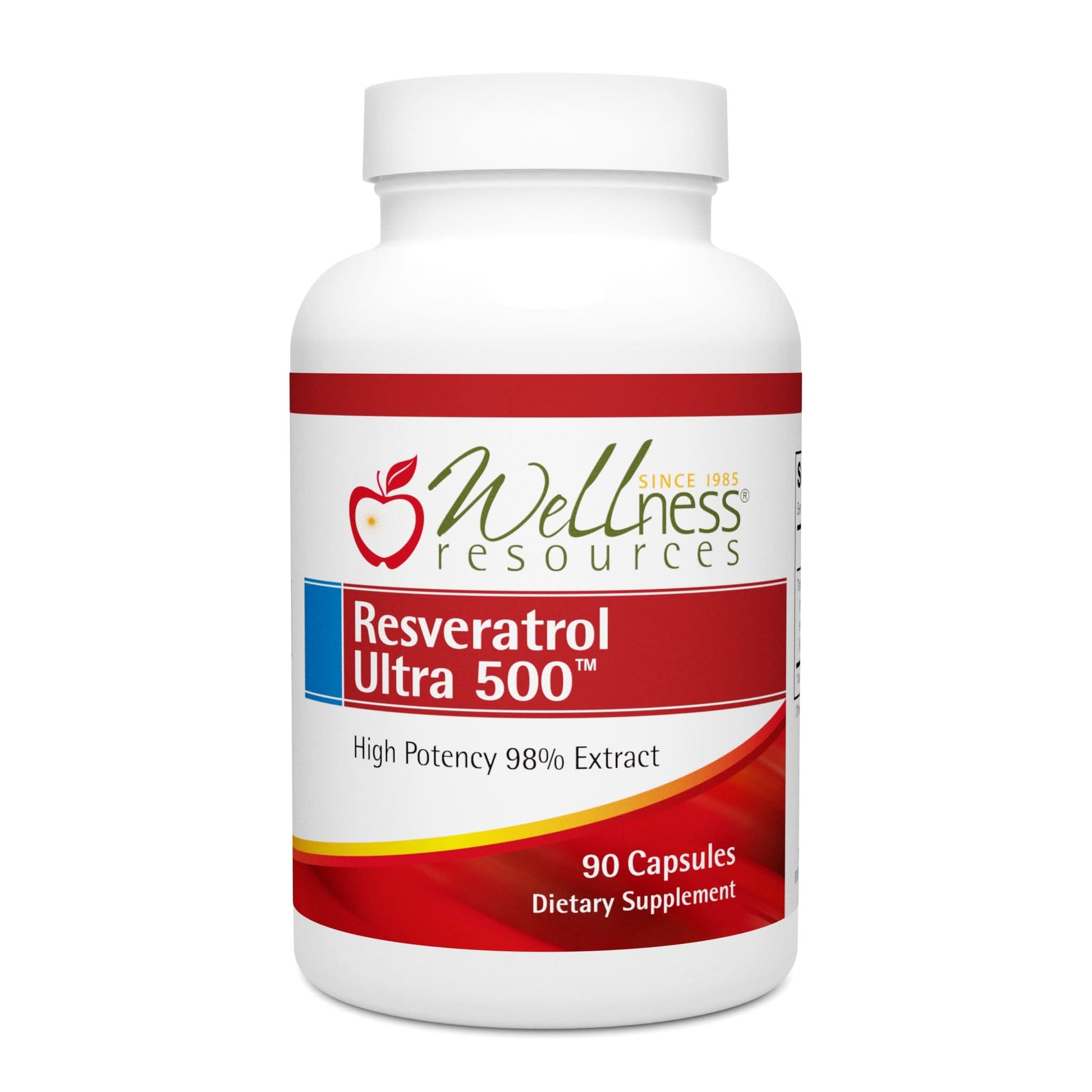 Wellness Resources Resveratrol Ultra 500 Supplement Bottle. High Potency 98% Extract. 90 Capsules Per Bottle. 
