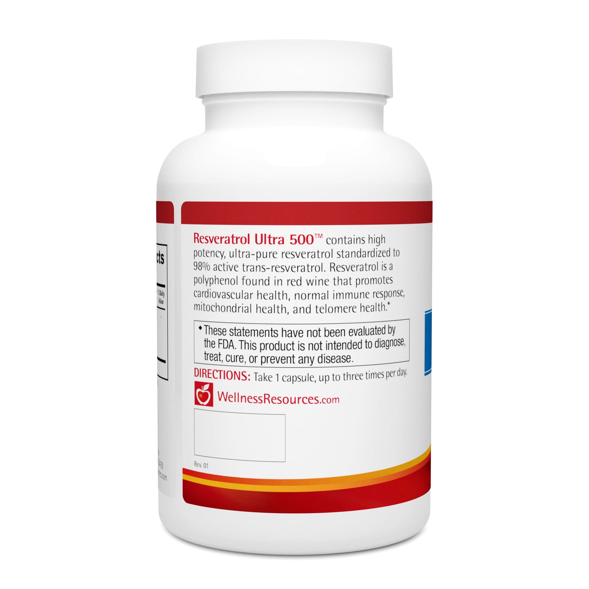 Ultra-pure resveratrol standardized to 98% active trans-resveratrol for cellular, cardiovascular and immune health. Take 1 capsule, up to 3 times per day. 