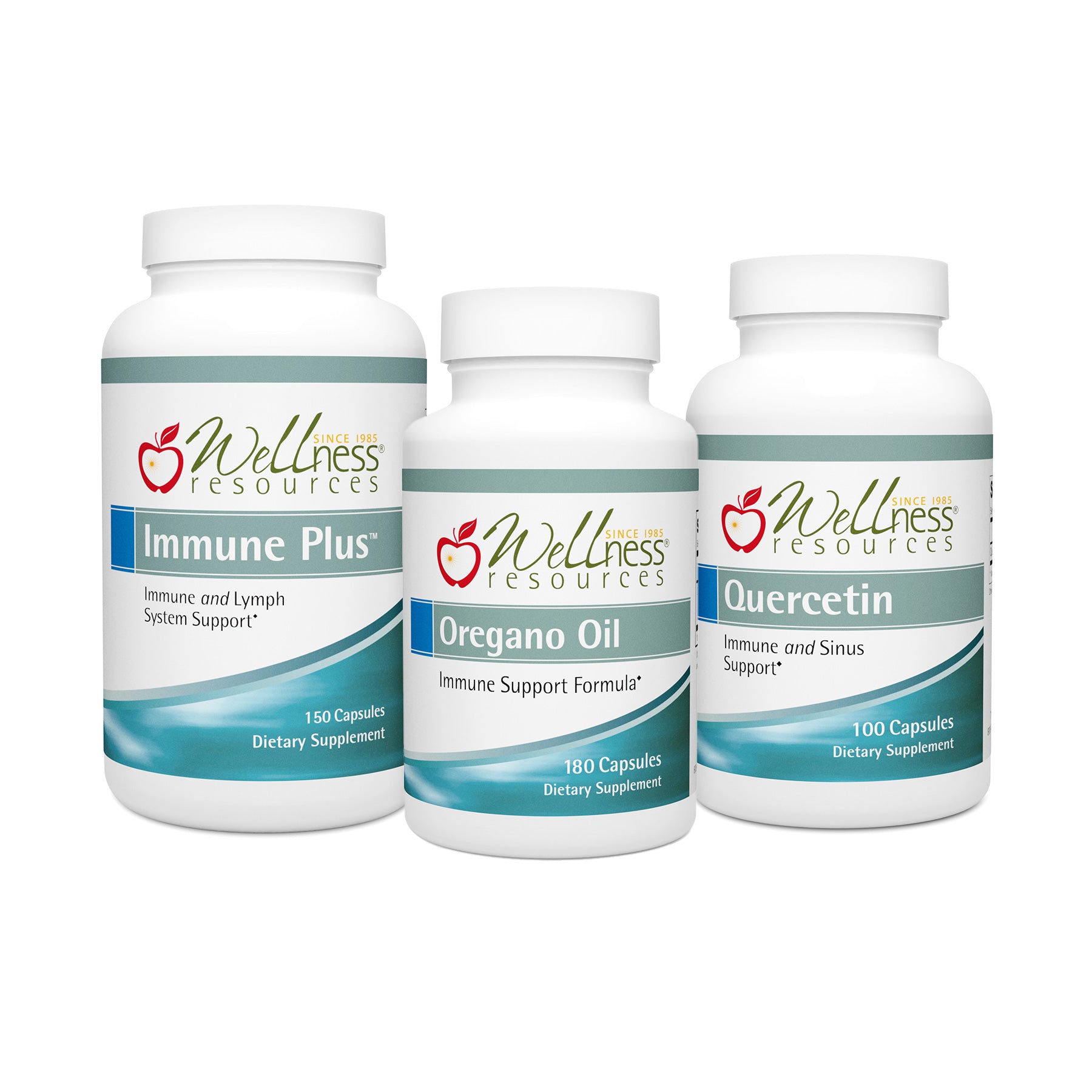 3 Wellness Resources Supplement Bottles on White Background: Immune Plus, Oregano Oil, Quercetin