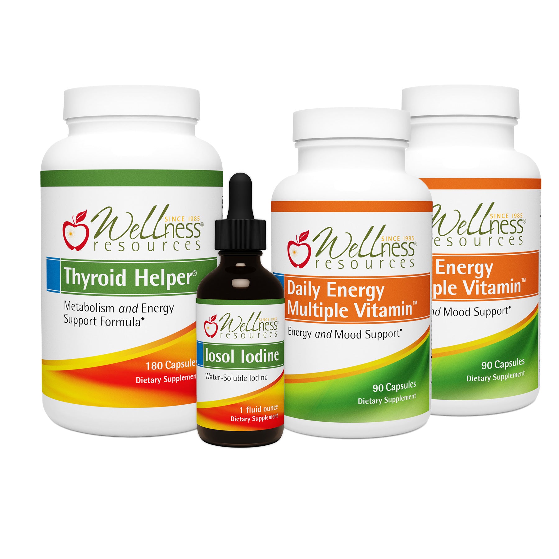 4 Wellness Resources Supplements on White Background: Thyroid Helper 180 Capsule Size, Iosol Iodine, and 2 Bottles of Daily Energy Multiple Vitamin 90 Capsule Size