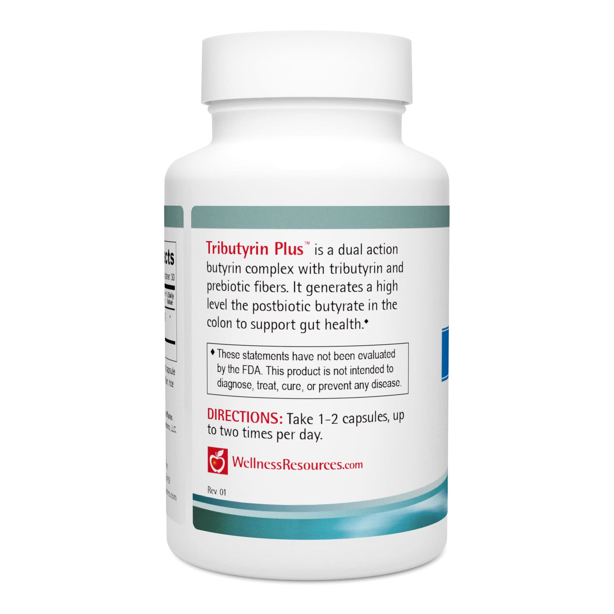 Tributyrin Plus is a dual-action butyrin complex with tributyrin and prebiotic fibers to generate postbiotic butyrate in the colon to support gut health. Take 1-2 capsules, up to 2 times per day. 